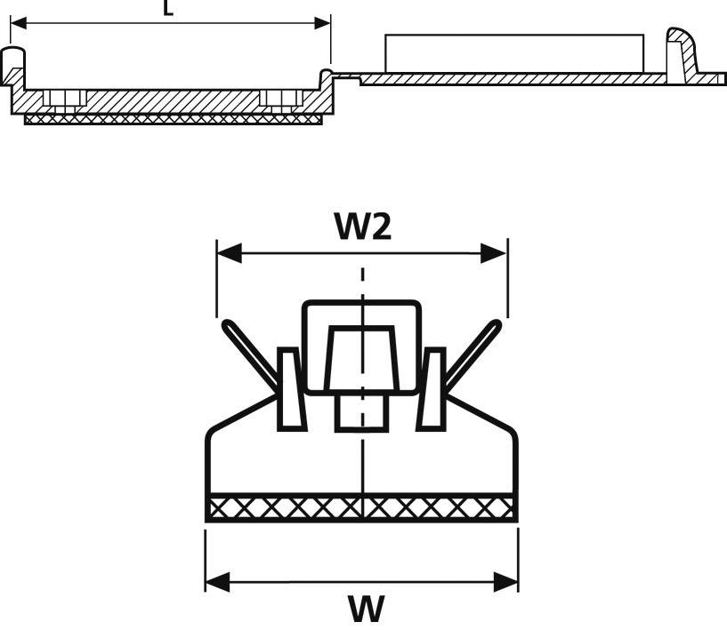 Doorsnede van een kabelinvoering met de afmetingen 'L', 'W2' en 'W'. Toont de structuur en installatie van de kabeldichting.
