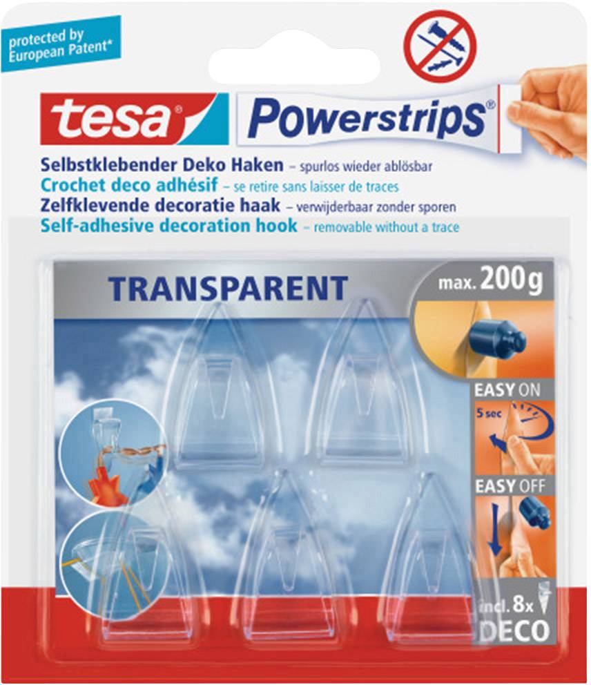 Verpakking van Tesa Powerstrips transparante, zelfklevende decoratieve haak voor tot 200g. Gemakkelijk aan te brengen en te verwijderen.