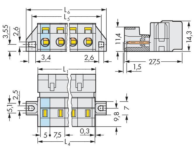 Technische tekening van een multipolaire connector met gedetailleerde maatvoering in millimeters voor breedte, lengte en diepte.