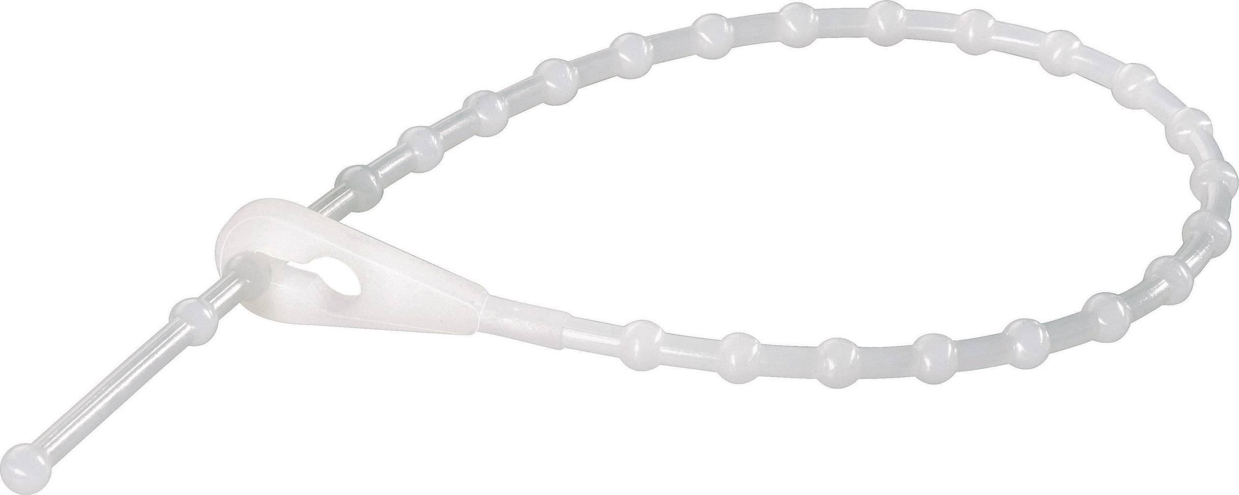 Een crèmekleurige, flexibele kabelband met ringen en bolletjes langs de lus, geschikt voor het bundelen van kabels of andere voorwerpen.