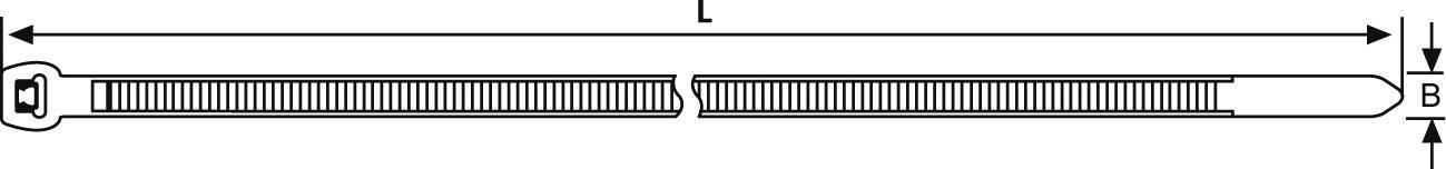 Afbeelding van een rits met de gemarkeerde afmetingen 'L' voor lengte en 'B' voor breedte.