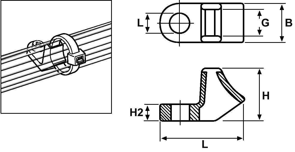 Technische tekening van een slangklem met afmetingen G, B, H, H2, L. Toont de bevestiging aan meerdere buizen.