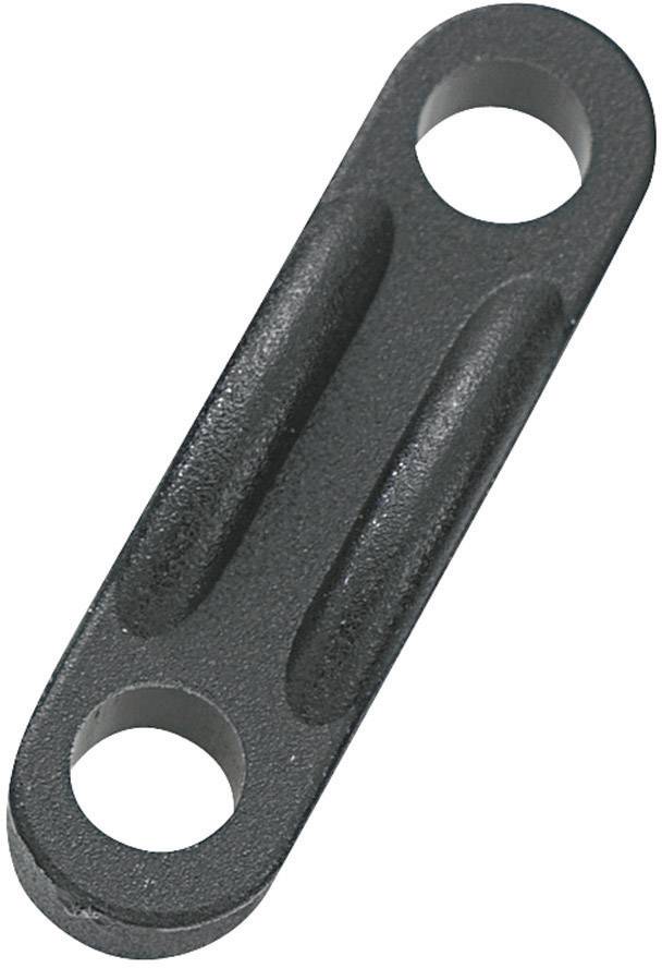 Metalen verbindingsstuk, rechthoekig, donkergrijs met twee ronde gaten aan de uiteinden, vermoedelijk bedoeld voor bevestiging in technische toepassingen.