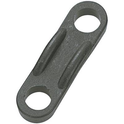 Een zwart metalen verbindingsstuk met twee ronde gaten, dat wordt gebruikt voor bevestiging of verbinding in mechanische toepassingen.