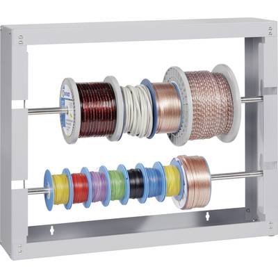 Kabelgeleiding rek met meerdere gekleurd kabelrollen, gemonteerd in twee rijen op een metalen houder.