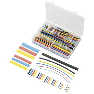 Assortiment van gekleurde krimpkousen in een transparante doos, uitgespreid en gesorteerd op grootte en kleur op een witte achtergrond.