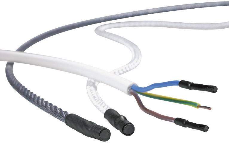 Een kabel met drie gekleurde binnenaders (blauw, bruin, geel-groen), die eindigt in zwarte aansluitingen. Geschikt voor elektrische installaties.