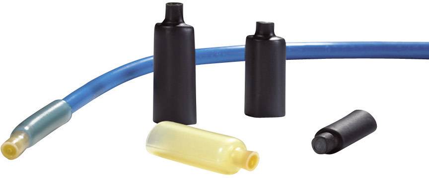 Een blauw kabel met meerdere zwarte en gele krimpkousen, die dienen voor de isolatie en afdekking van kabelverbindingen.