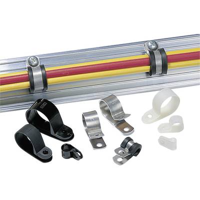 Verschillende kabelklemmen bevestigen draden aan een metalen rail. De kabels zijn rood en geel. Klemmen van metaal en kunststof.