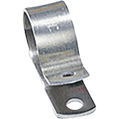 Metalen kabelklem voor bevestiging van kabels of buizen, met geperforeerde flens voor schroefmontage.
