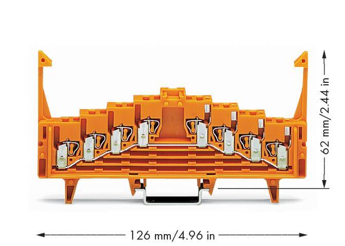 'Oranje aansluitblok', 62 mm hoog, 126 mm breed, toont meerdere aansluitpunten met zilveren contacten en pijlen naar de afmetingen.