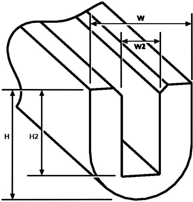Diagram van een driedimensionale profielvorm met gemarkeerde afmetingen: breedte (B, B2) en hoogte (H, H2). Geometrische lijnen zijn geaccentueerd.