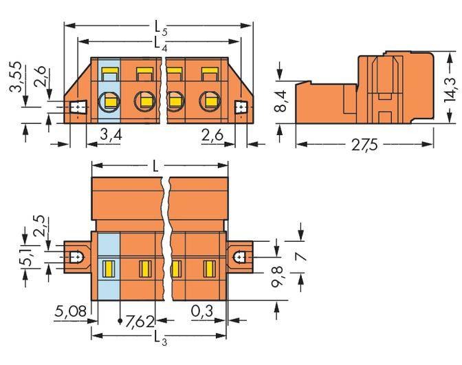 Technische tekening van een connector met zijaanzicht, vooraanzicht en bovenaanzicht met afmetingen in millimeters.
