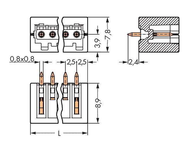 Technische tekening van een connector met afmetingen. Toont meerdere aanzichten en specifieke dimensies zoals breedte, hoogte en pin-afstanden.
