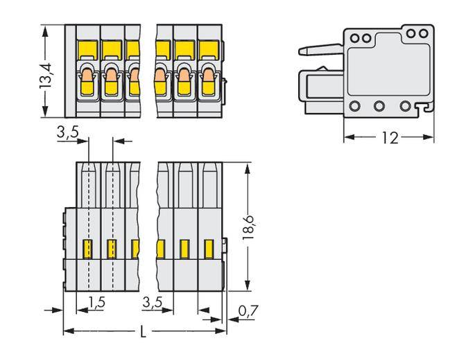 Technische tekening van een connector met afmetingen: hoogte 18,6 mm, breedte 3,5 mm en variabele lengte. Bevat gedetailleerde aanzichten.