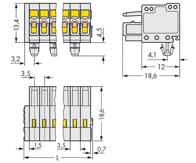 Technische tekening van een connector. Toont afmetingen: hoogte 13,4 mm, breedte 18,6 mm, diepte 4,5 mm. Pinnen en verbindingen weergegeven.