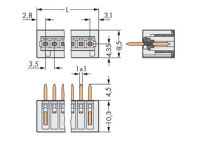 Technische tekening van een vierpoolige connector met afmetingen in millimeters. Toont vooraanzicht, zijaanzicht en bovenaanzicht.