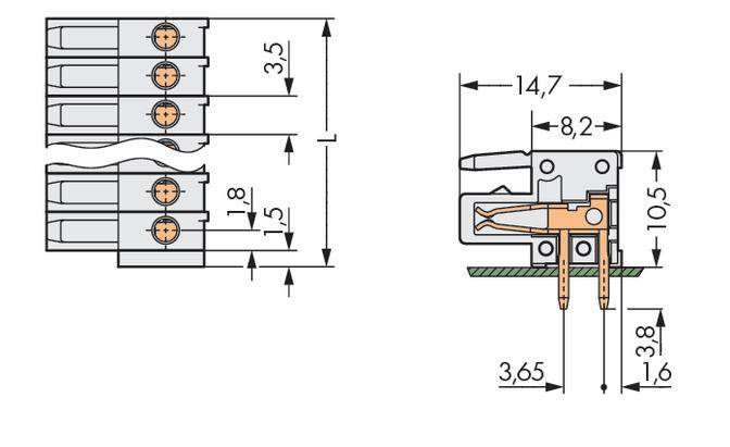 Technische tekening van een stekkerblok met afmetingen: breedte 3,5 mm, hoogte 14,7 mm, diepte 8,2 mm. Toont bovenaanzicht en doorsnede.