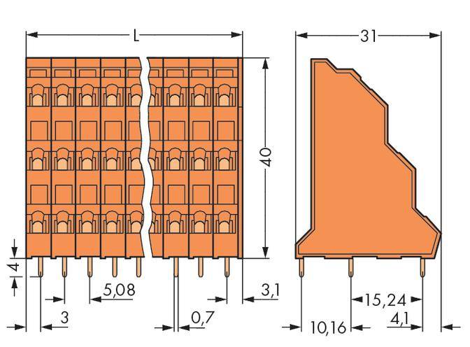 Technische tekening van een oranje component. Afmetingen: lengte 31 mm, hoogte 40 mm, diepte 41 mm. Weergave van aansluitingen en profiel.