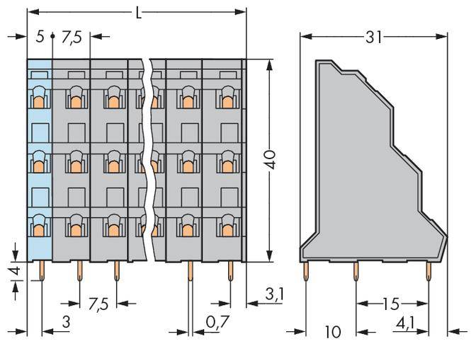 Technische tekening van een connector met afmetingen in millimeters. Toont voor- en zijaanzicht met pin-indeling en tussenruimte.