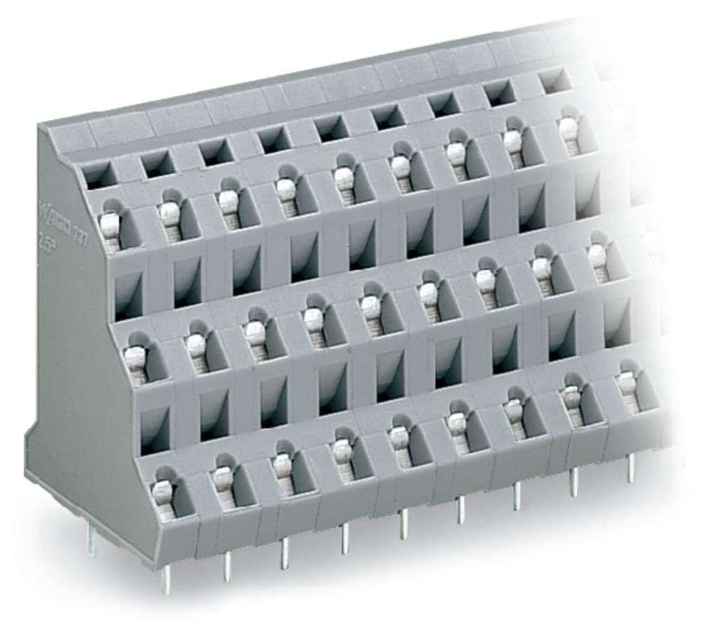 Grijze meerrijige klem met meerdere aansluitklemmen voor elektrische bedrading. Geschikt voor gebruik in schakelkasten.