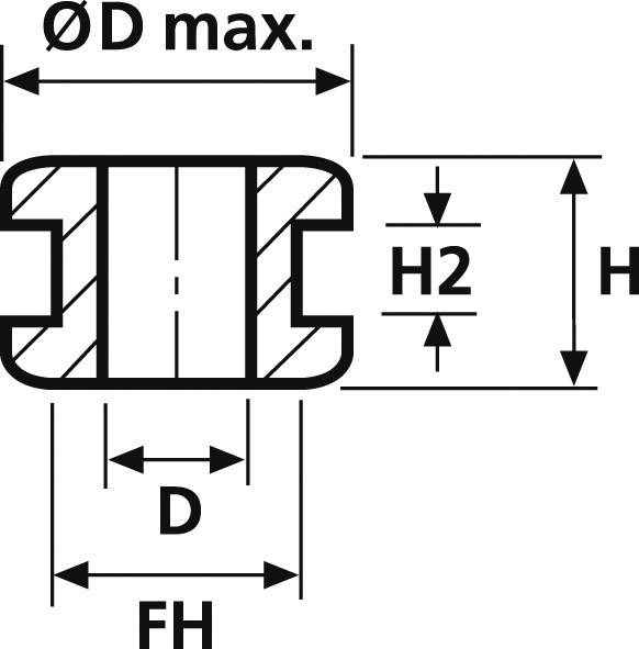 'Schematische schets van een rubbermetal buffer montagerichting met afmetingen: ØD max, H2, H, D en FH. Toont verticale en horizontale afstanden.'