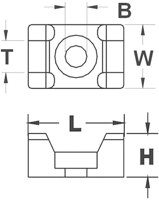 Technische tekening van een onderdeel met afmetingen: T (boven), W (rechts), B (boven), L (onder), H (rechts). Bovenaanzicht en zijaanzicht.