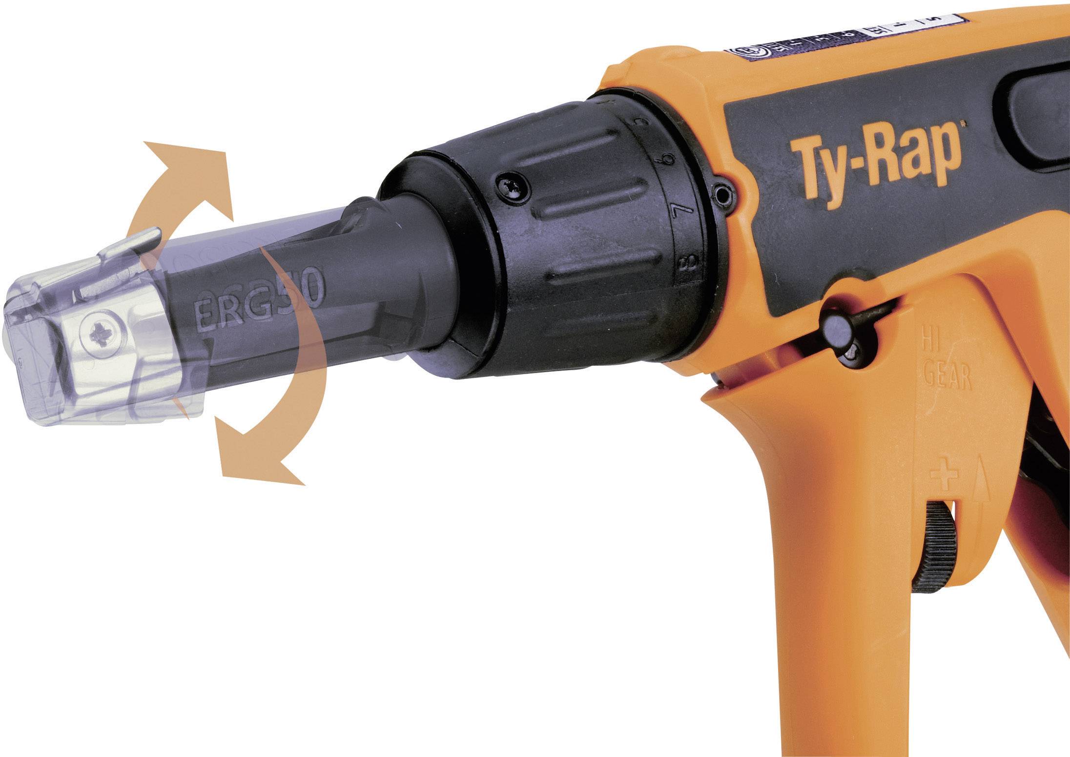 Een oranje kabelgereedschap met de tekst 'Ty-Rap' aan de zijkant. Een pijl wijst naar de draaibare punt.