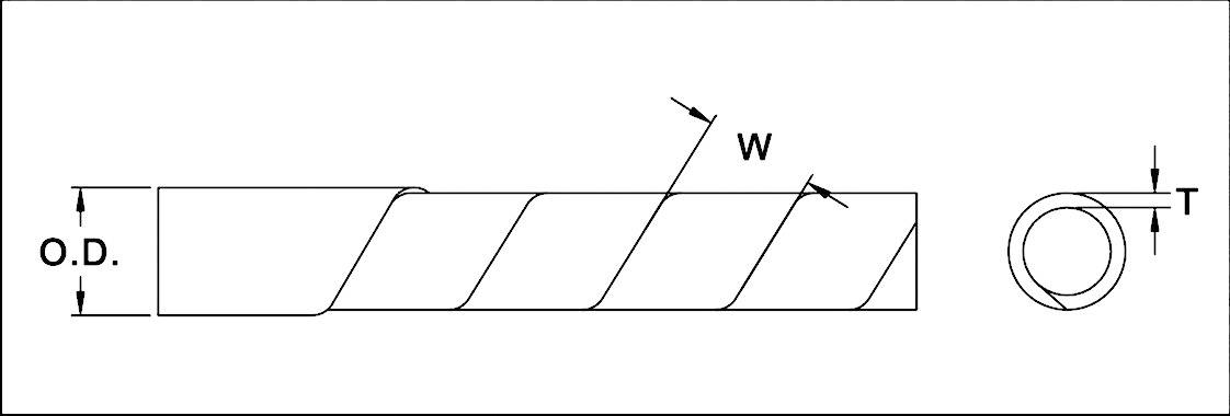 Technische tekening van een stelschroef met aanduidingen: Buitendiameter (B.D.), Breedte (B) van de windingen, Wanddikte (W).
