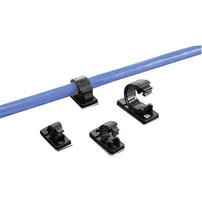 Verschillende zwarte kunststof kabelhouders, waarvan één een blauw kabel vasthoudt, terwijl andere leeg zijn, tonen verschillende bevestigingsmodellen.