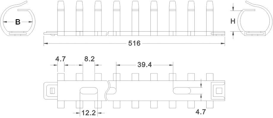 Technische tekening van een clip met verschillende afmetingen: lengte 516, hoogte B, en afstand tussen afzonderlijke segmenten.