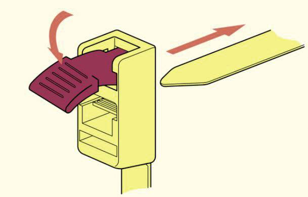 Illustratie van een connector met een rode hendel die wordt bediend om de gele stekker los te maken. De pijl geeft de uittrekrichting aan.