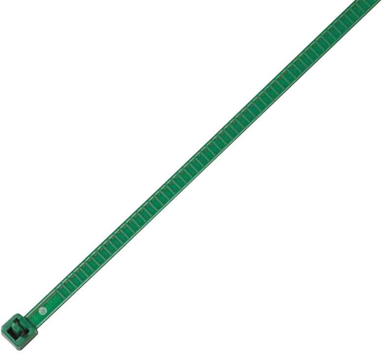 Groene kabelbinder met vergrendelende kop, recht uitgelegd op een witte achtergrond.