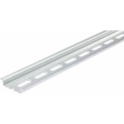 Metalen rails met rechthoekige gaten op regelmatige afstanden. Opschrift 'HellermannTyton'.