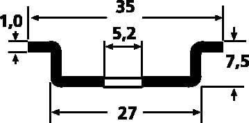 Dwarsdoorsnede van een groef met afmetingen: breedte 35 mm, diepte 5,2 mm, wanddikte 1,0 mm, onderste breedte 27 mm, totale diepte 7,5 mm.
