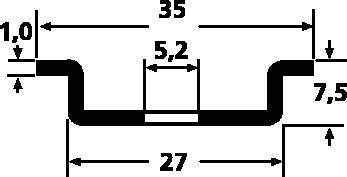 Schematische weergave van een plaatprofiel met afmetingen: Buitenbreedte 35, Binnenbreedte 27, Hoogte 7,5, Dikte 1,0, gemiddelde diepte 5,2.