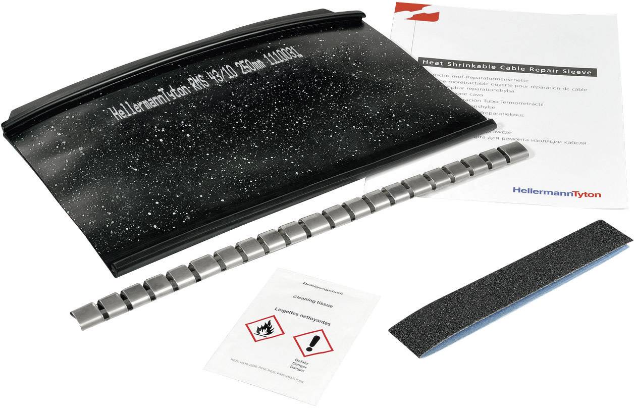 Een kabelreparatieset met krimpkous, metalen verbindingsstukken en instructies van het merk, geschikt voor het repareren van kabels.