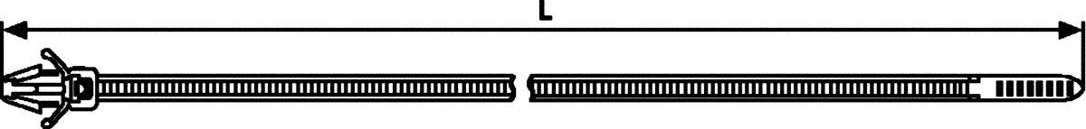 Diagram van een rits in gesloten positie, met de markering 'L' boven de rits die de lengte aangeeft.