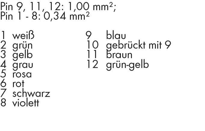 'Pin 9, 11, 12: 1,00 mm²; Pin 1 - 8: 0,34 mm².' Lijst van pins met bijbehorende kleuren: wit, groen, geel, grijs, roze, rood, zwart, paars, blauw, overbrugd met 9, bruin, groen-geel.