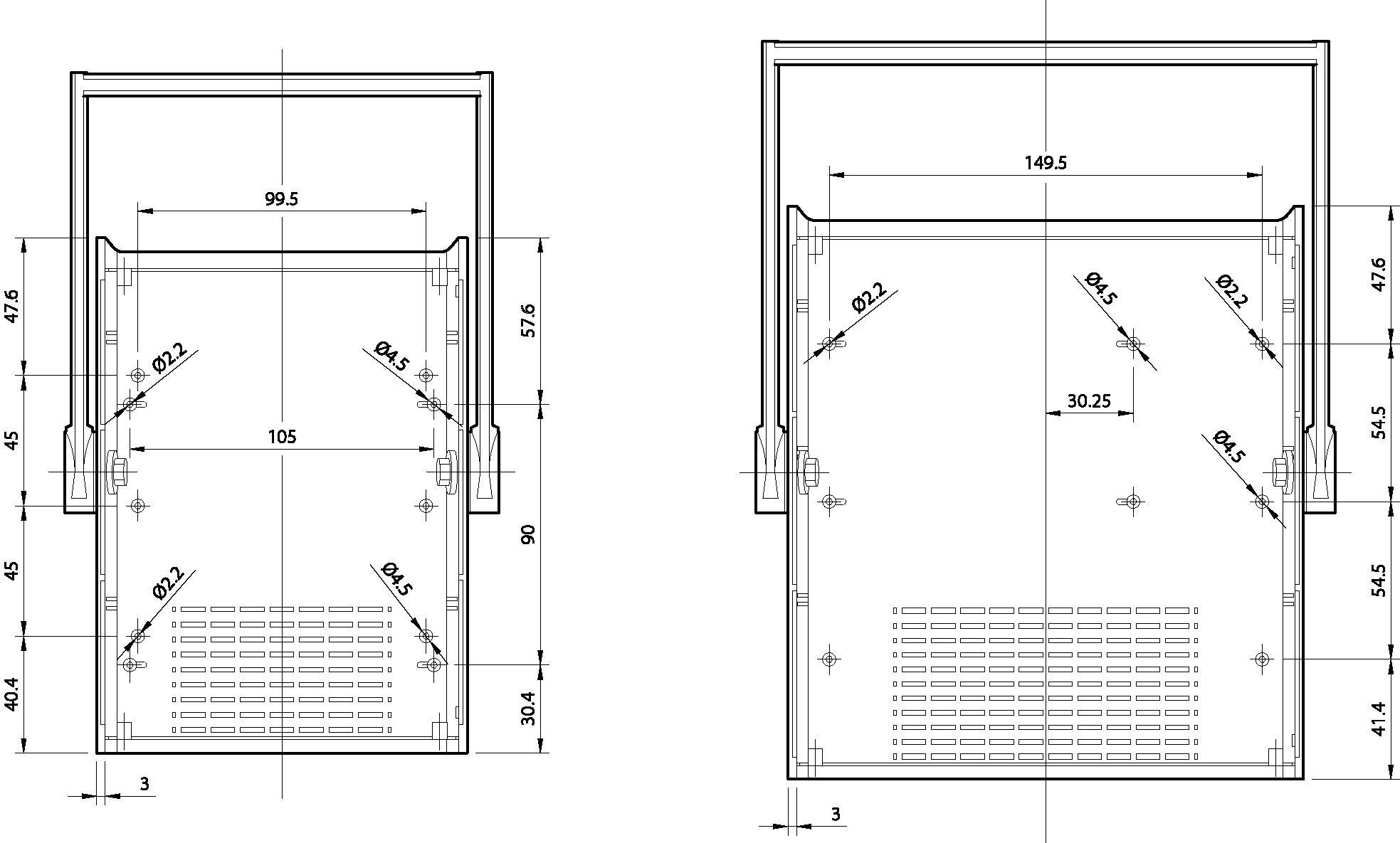 Technische tekening van twee rechthoekige componenten, elk voorzien van afmetingen en hoeken in millimeters. Links 99,5 mm breed, rechts 149,5 mm breed.
