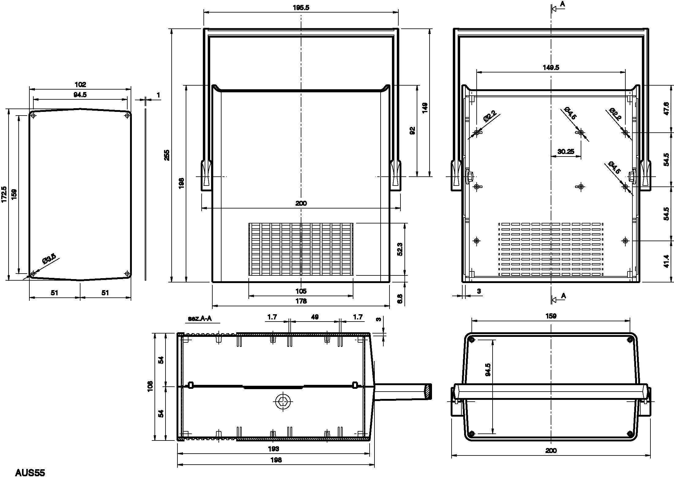 Technische tekening van een rechthoekige behuizing met gedetailleerde afmetingen in millimeters en vooraanzicht, bovenaanzicht en zijaanzicht.