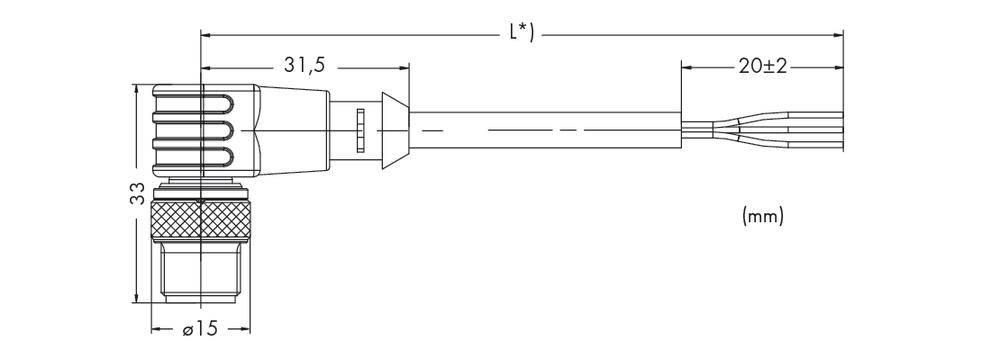 Technische tekening van een elektrische connector met afmetingen: totale lengte 'L', 31,5 mm tot steekcontact, 33 mm hoog, 15 mm diameter.