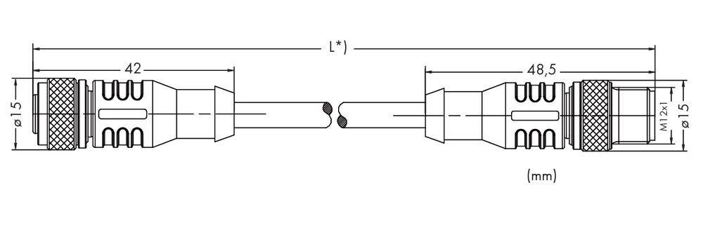 Technische tekening van een kabel met twee stekkers, elk 42 mm lang. Totale lengte van de kabel 'L'. Diameter van de stekkers: 15 mm.
