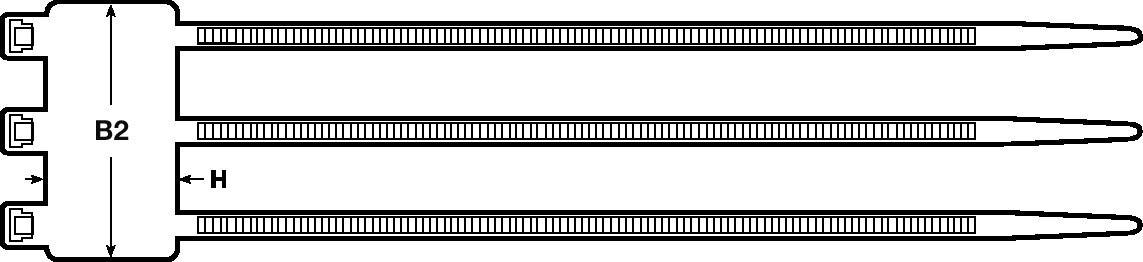 Diagram van een drielaagse structuur met een rechthoekig basislichaam links, drie lange parallelle streepvormige elementen, aangeduid met 'B2' en 'H'.