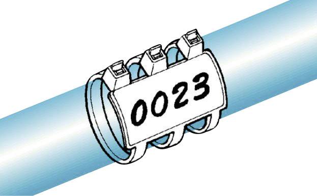 Een blauwe buis met een witte bevestiging met het nummer '0023'.