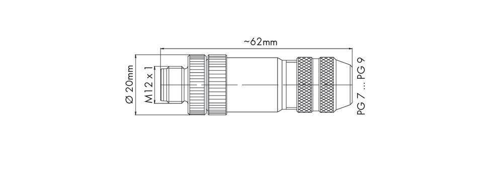 Technische tekening van een cilindrisch onderdeel. Afmetingen: diameter 20 mm, lengte ca. 62 mm. Schroefdraad M12x1, PG7 en PG9 aangegeven.