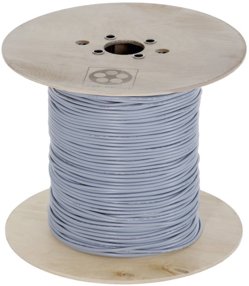 Houten spoel met opgewikkeld grijs kabel.