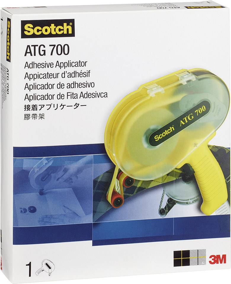 Scotch ATG 700: Handmatige plakbandroller in een geel kunststof behuizing. Verpakking toont een afbeelding van het apparaat en het gebruik ervan.