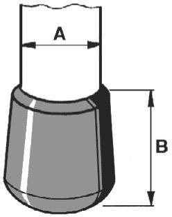 Diagram van een cilindrisch object met afmetingen. 'A' geeft de diameter van het bovenste gedeelte aan, 'B' de hoogte van het object.