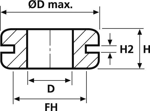Technische tekening van een afdichtingsprofiel met maatvoering: Buitendiameter (ØD max.), Binnendiameter (D), Totale hoogte (H), binnenste kantafstand (H2) en breedtemaatvoering (FH).